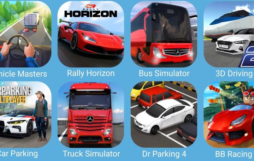 Grid of mobile driving and parking game icons featuring cars, trucks, buses, and racing.