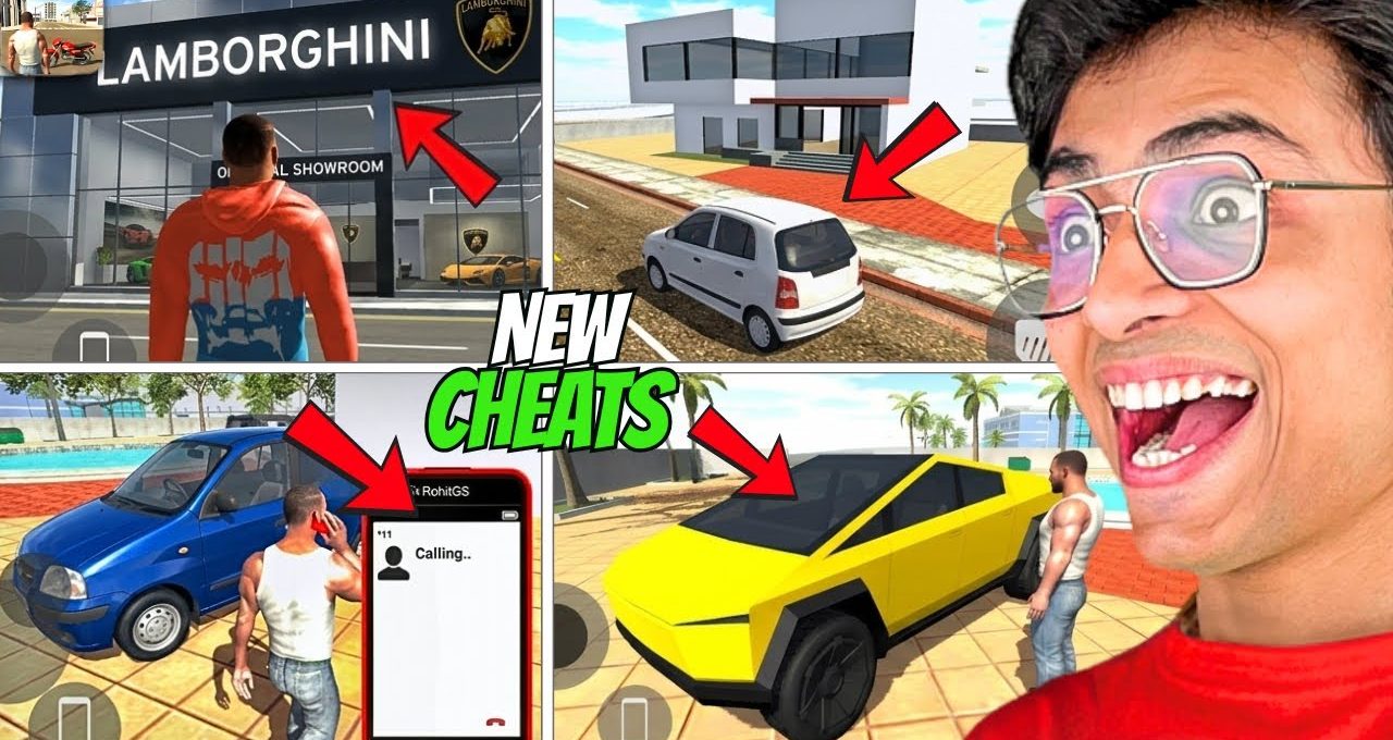 Excited gamer thumbnail showing in-game cars, Lamborghini showroom, and a yellow cybertruck replica