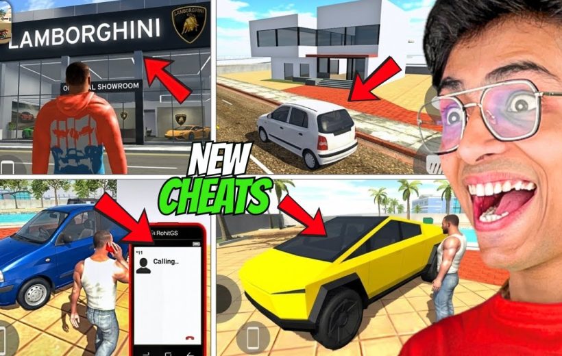 Excited gamer thumbnail showing in-game cars, Lamborghini showroom, and a yellow cybertruck replica