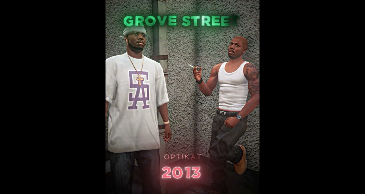 Two men in streetwear leaning against a concrete wall under "Grove Street" sign.