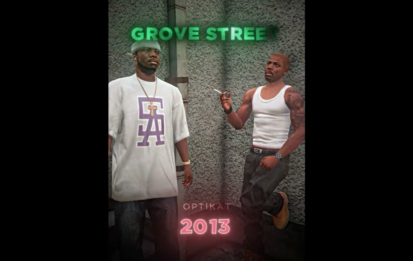 Two men in streetwear leaning against a concrete wall under "Grove Street" sign.