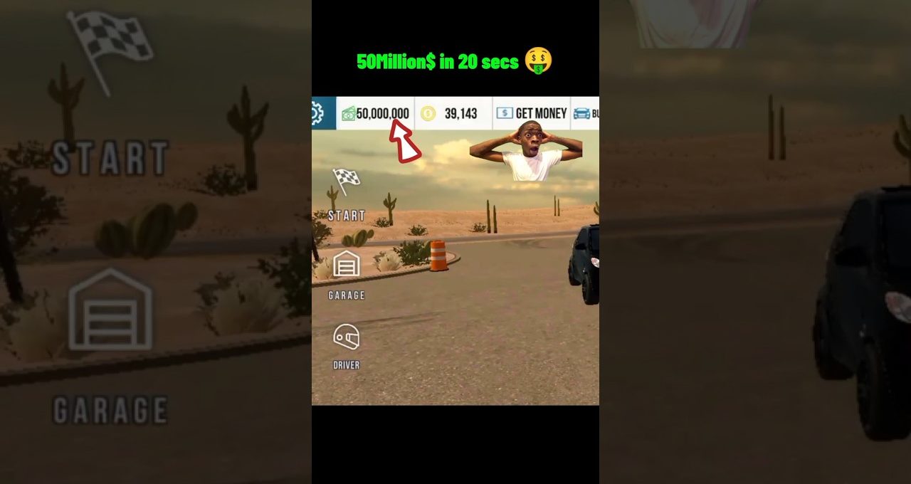 Racing game menu showing desert track, 50,000,000 currency highlighted and dashboard icons