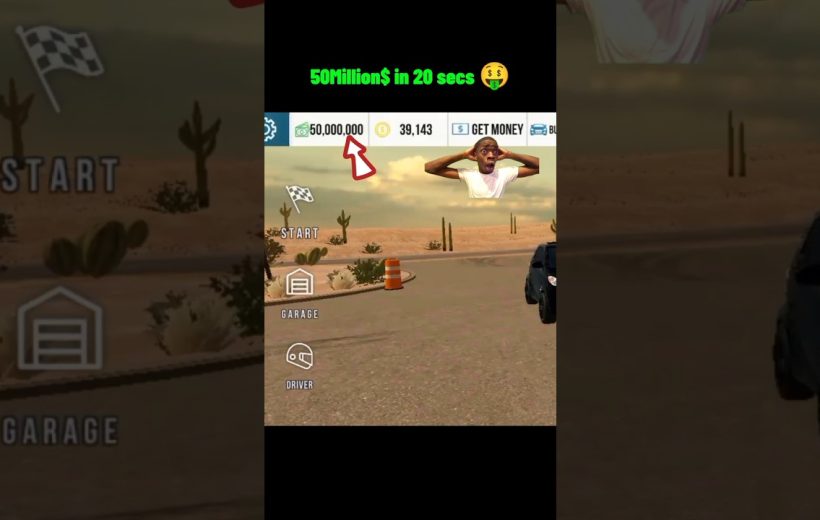 Racing game menu showing desert track, 50,000,000 currency highlighted and dashboard icons