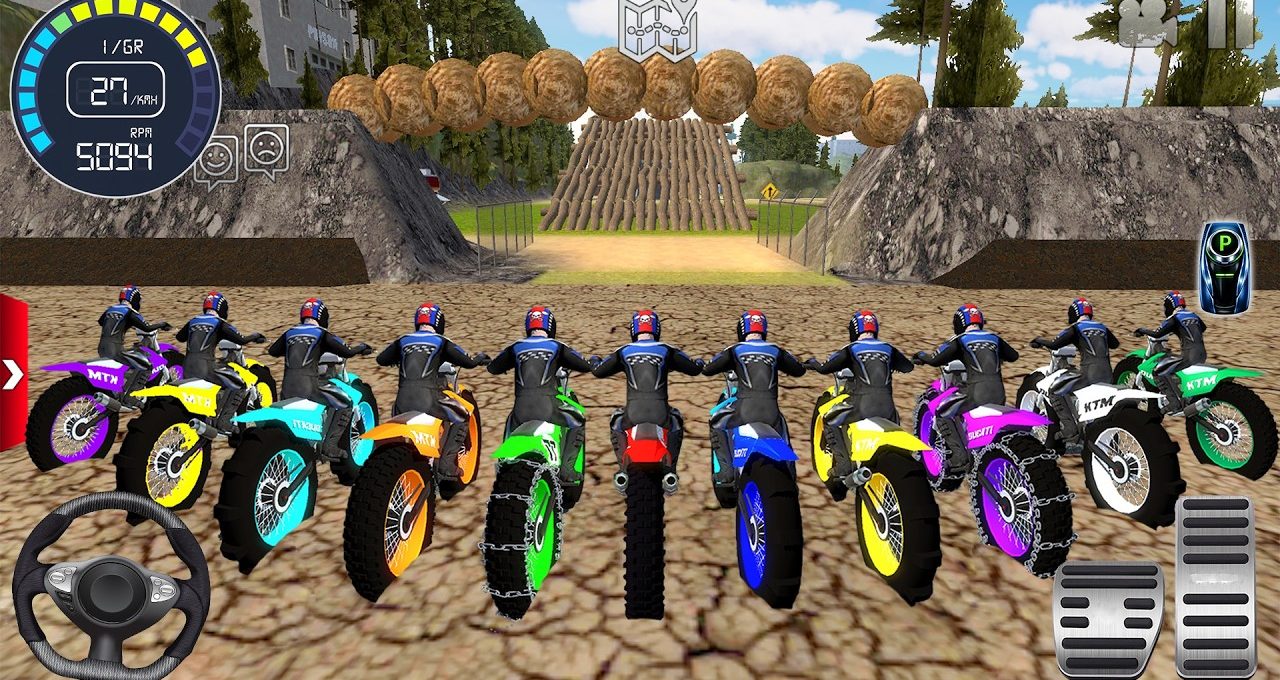 Row of colorful motocross riders lined up at start of dirt obstacle course