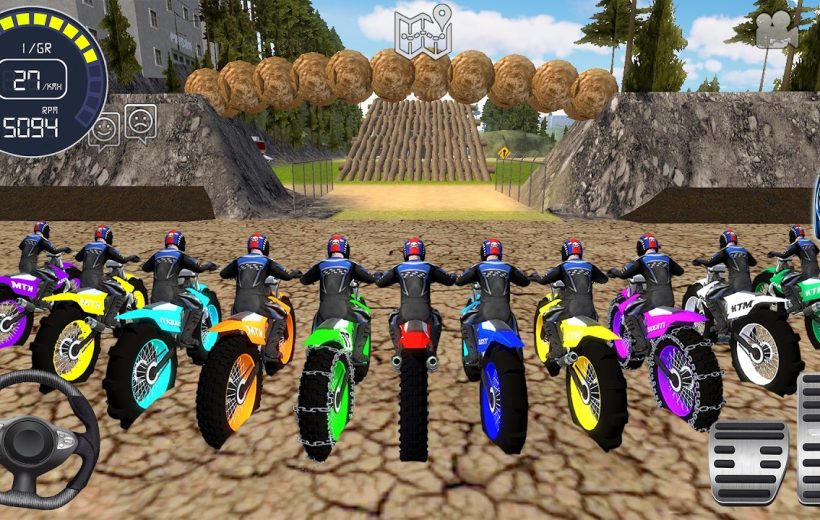 Row of colorful motocross riders lined up at start of dirt obstacle course
