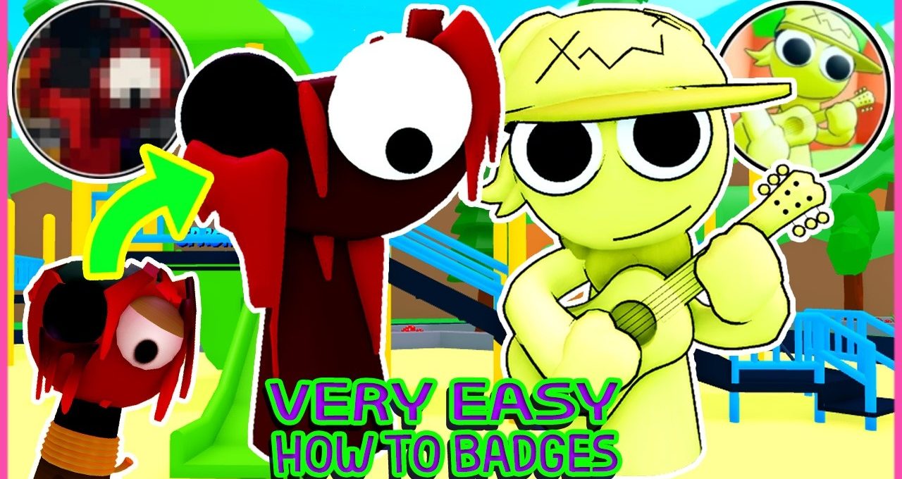 Bright cartoon characters in playground, one holding a guitar and large eye creature