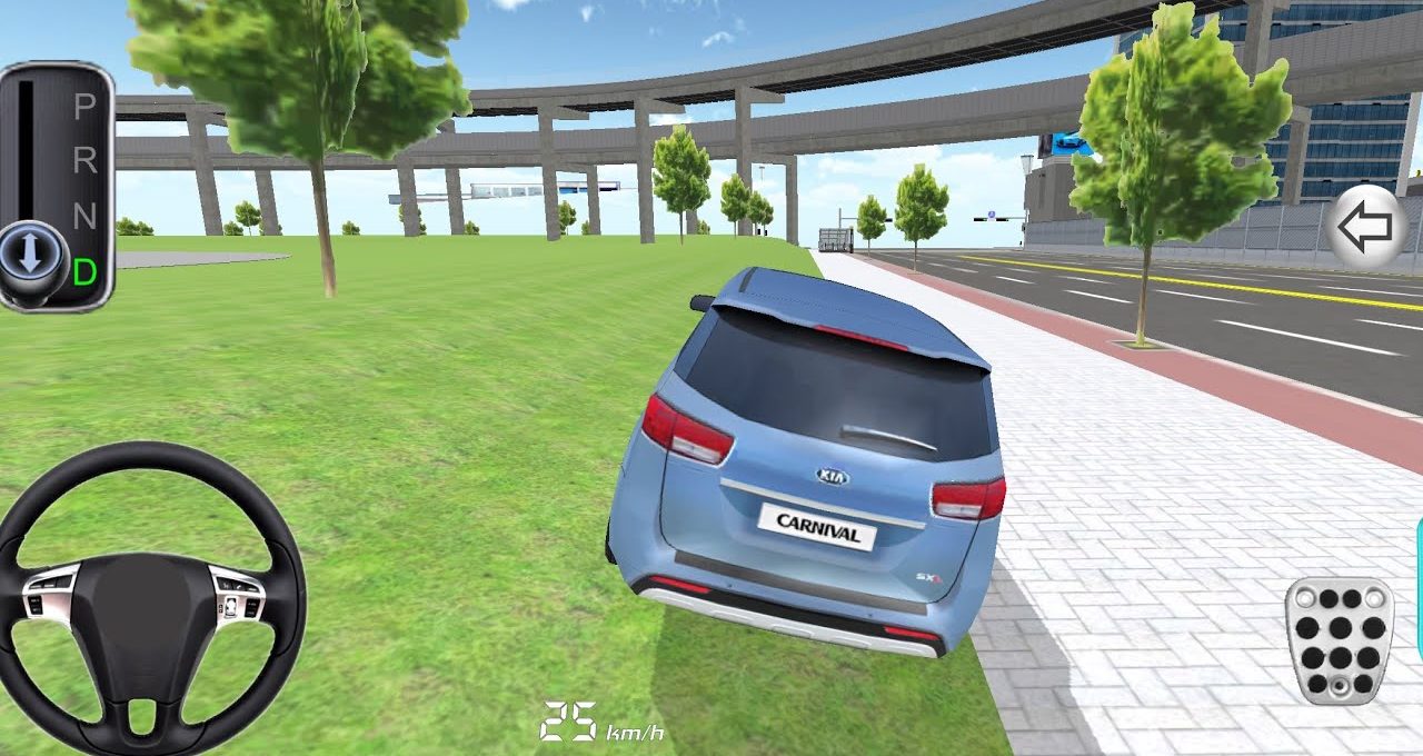 Blue Kia Carnival parked partly on grass beside a city sidewalk and road