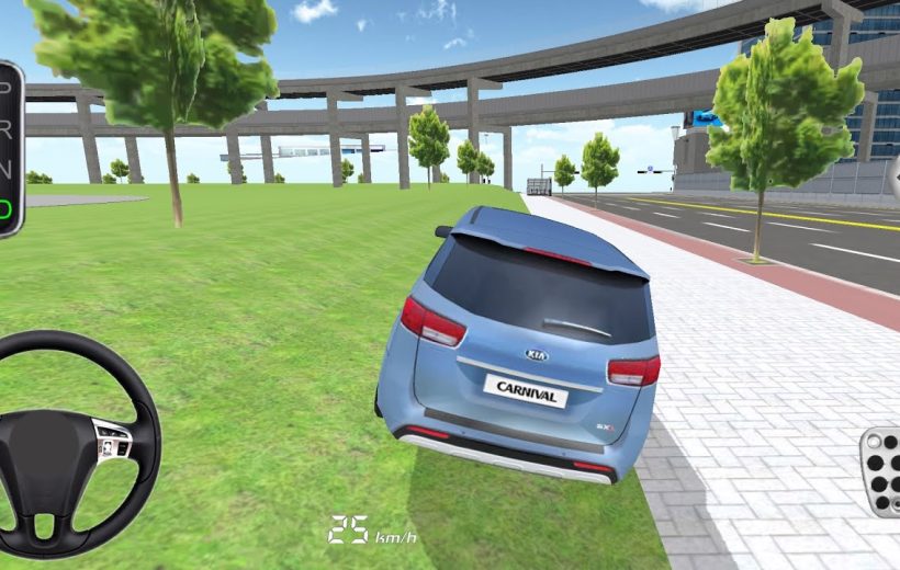 Blue Kia Carnival parked partly on grass beside a city sidewalk and road