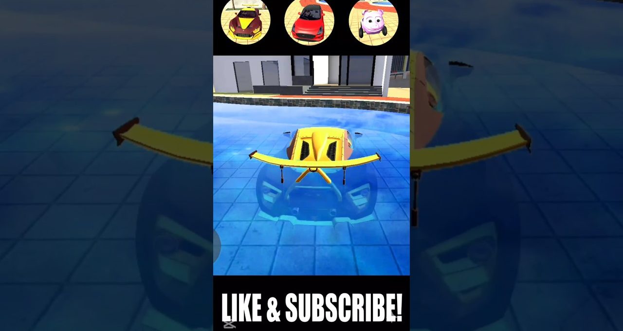 Yellow sports car floating in a pool with game icons and "Like & Subscribe" prompt
