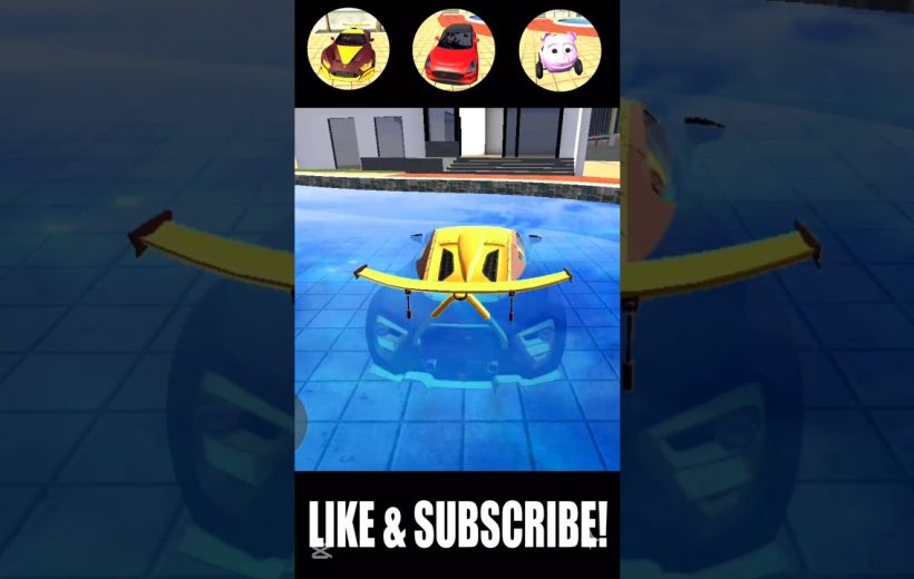 Yellow sports car floating in a pool with game icons and "Like & Subscribe" prompt