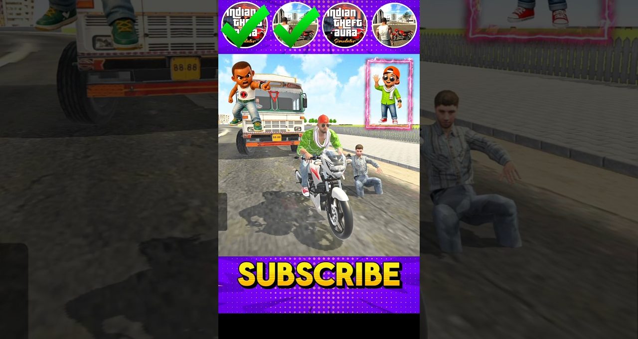 Motorcyclist riding past truck while bystanders crouch on a city street, "Subscribe" prompt