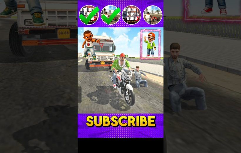 Motorcyclist riding past truck while bystanders crouch on a city street, "Subscribe" prompt