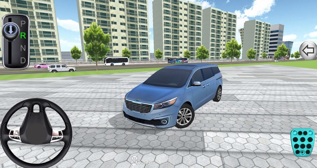Blue minivan parked on a paved plaza with tall apartment buildings and trees nearby
