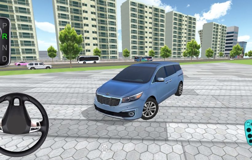 Blue minivan parked on a paved plaza with tall apartment buildings and trees nearby