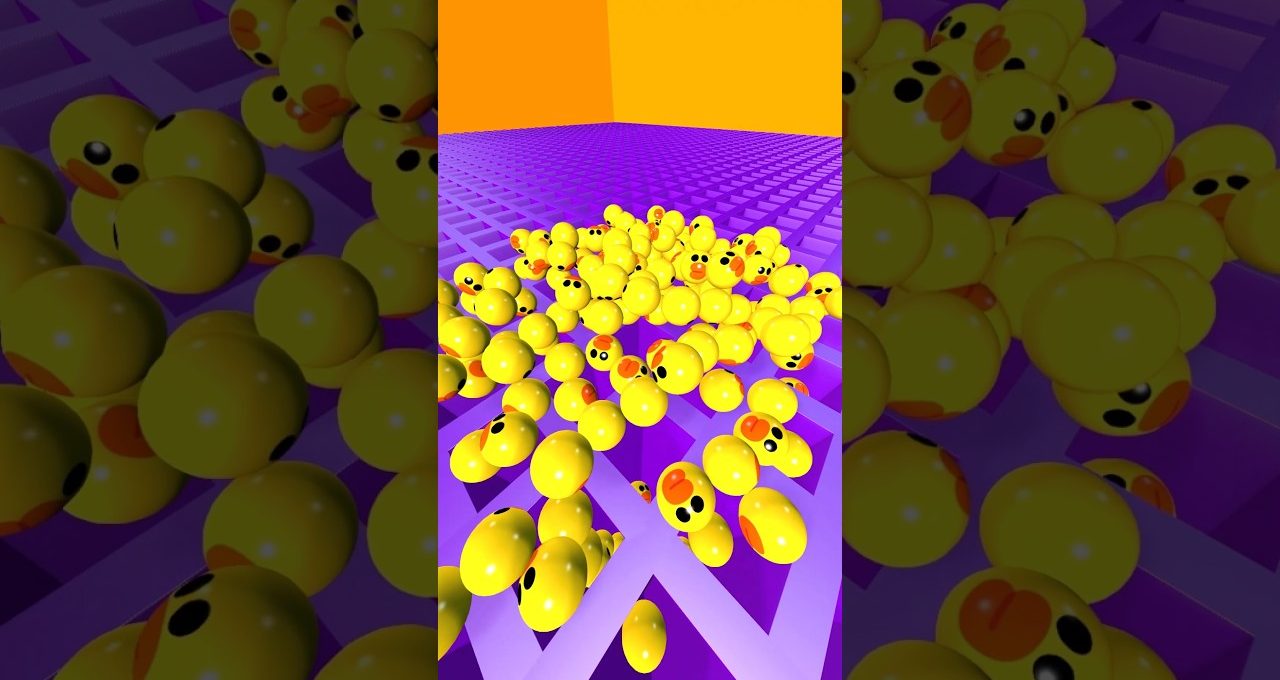 Cluster of shiny yellow rubber ducks scattered across a purple grid under orange backdrop