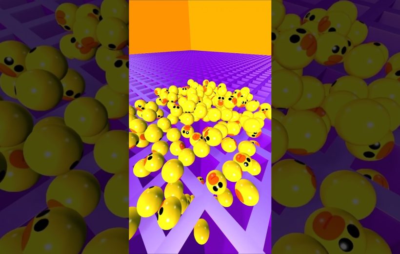 Cluster of shiny yellow rubber ducks scattered across a purple grid under orange backdrop
