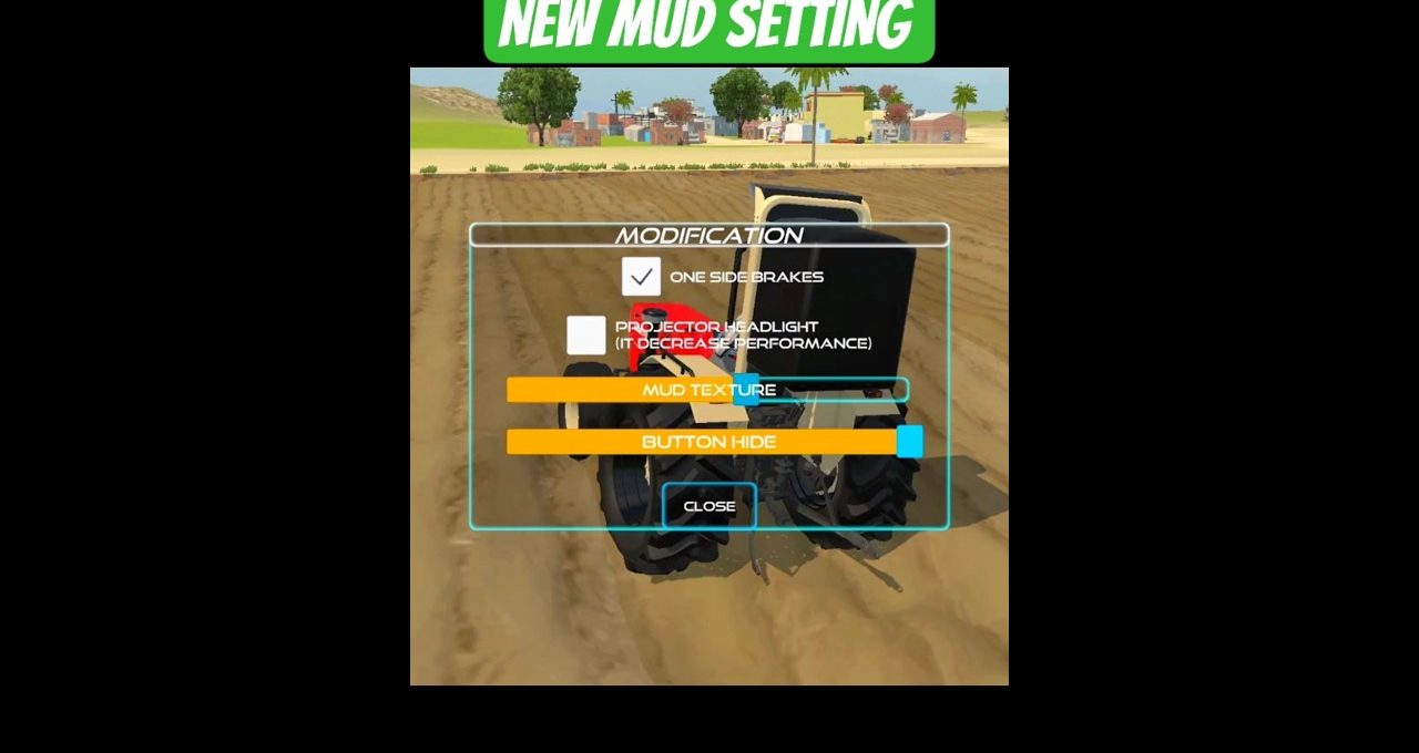 Tractor in muddy field with on-screen modification menu and "New Mud Setting" banner