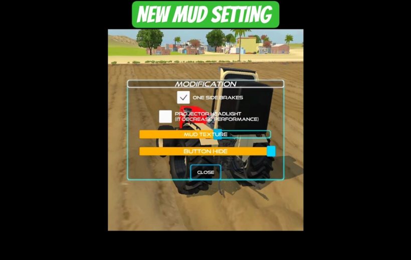 Tractor in muddy field with on-screen modification menu and "New Mud Setting" banner