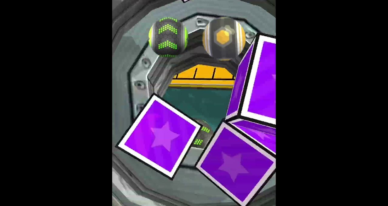 Purple star-marked cubes and futuristic balls spilling from a metallic circular hatch.