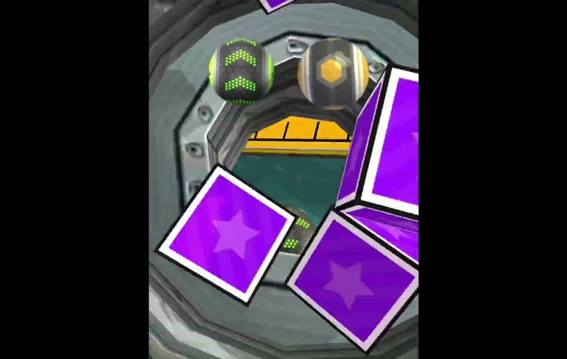 Purple star-marked cubes and futuristic balls spilling from a metallic circular hatch.