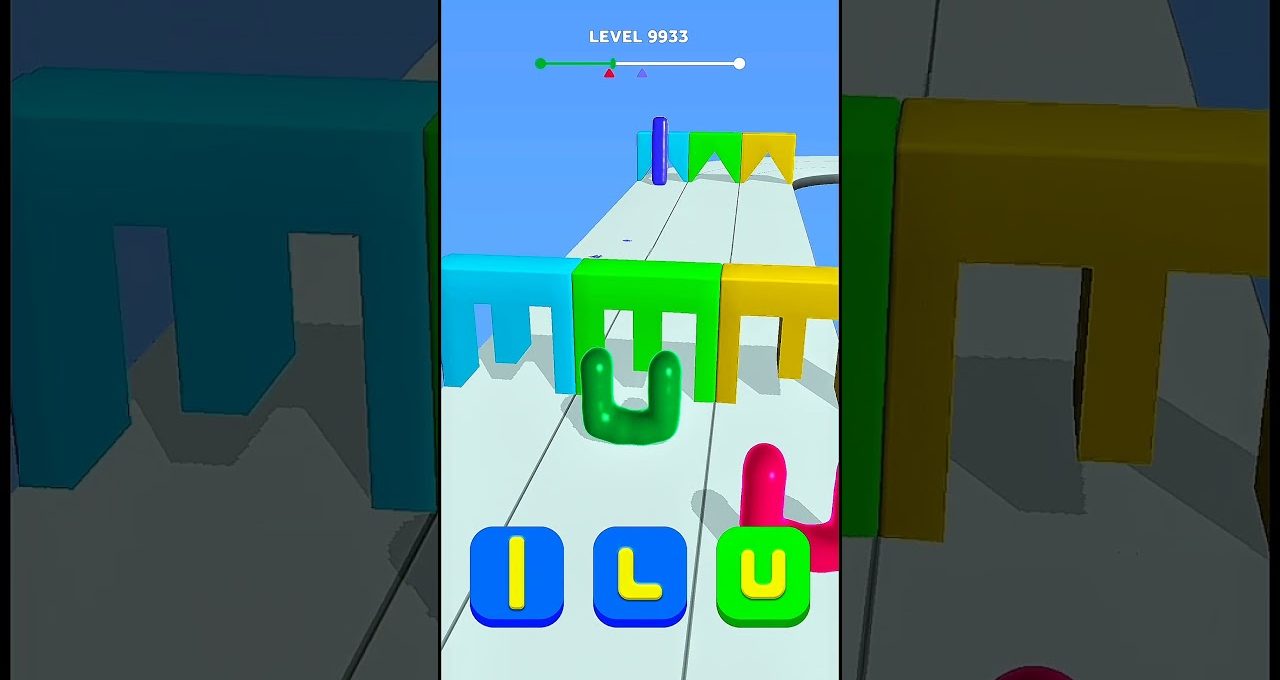 Mobile game level showing colorful obstacles and a green character navigating a path