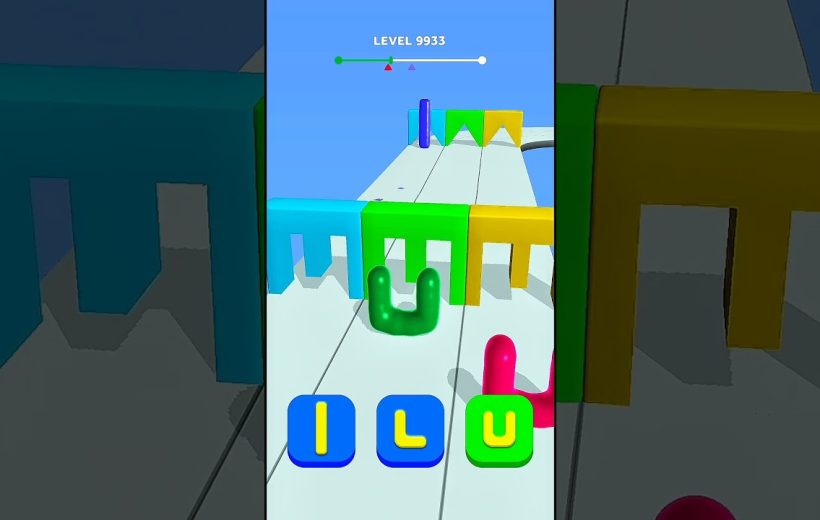 Mobile game level showing colorful obstacles and a green character navigating a path