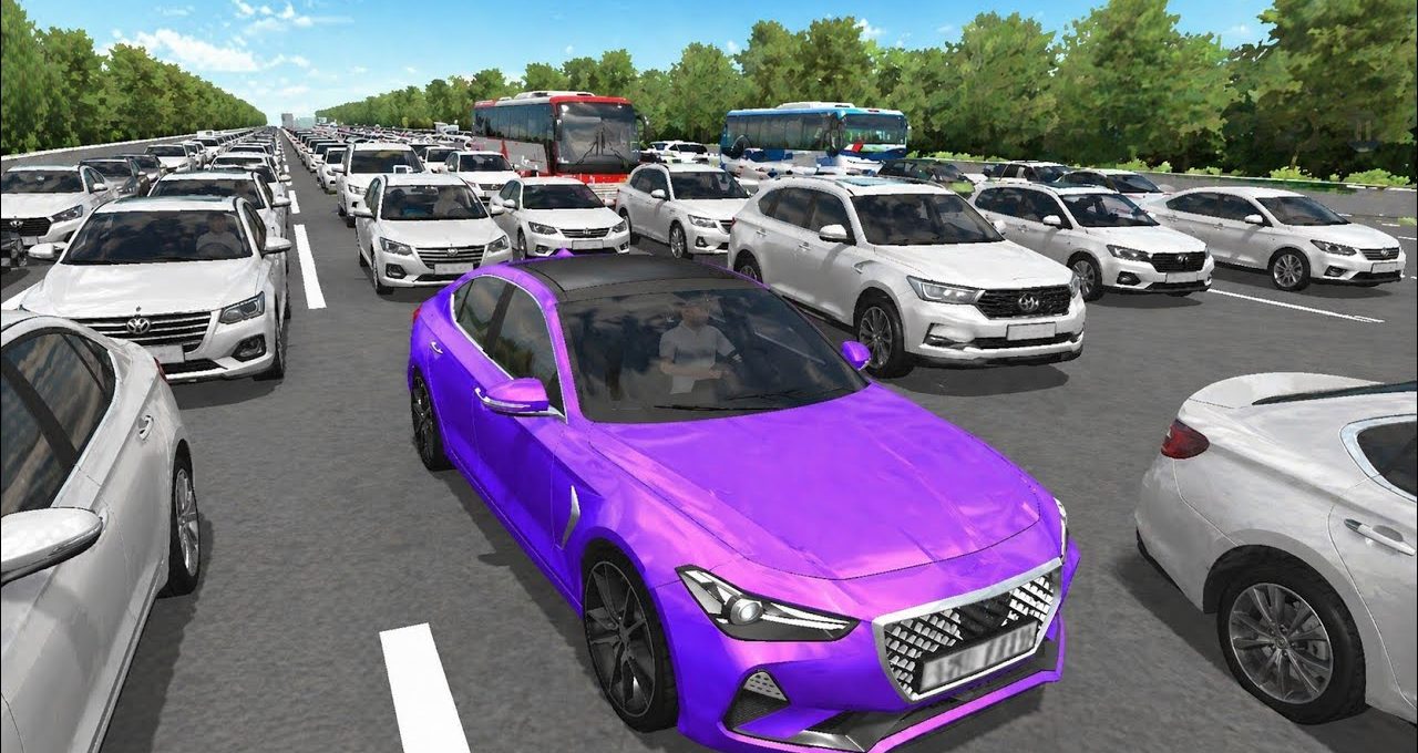 Purple sports sedan stopped in heavy multilane highway traffic surrounded by white cars.