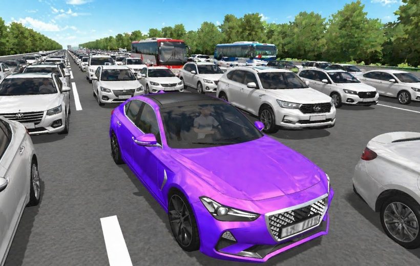 Purple sports sedan stopped in heavy multilane highway traffic surrounded by white cars.