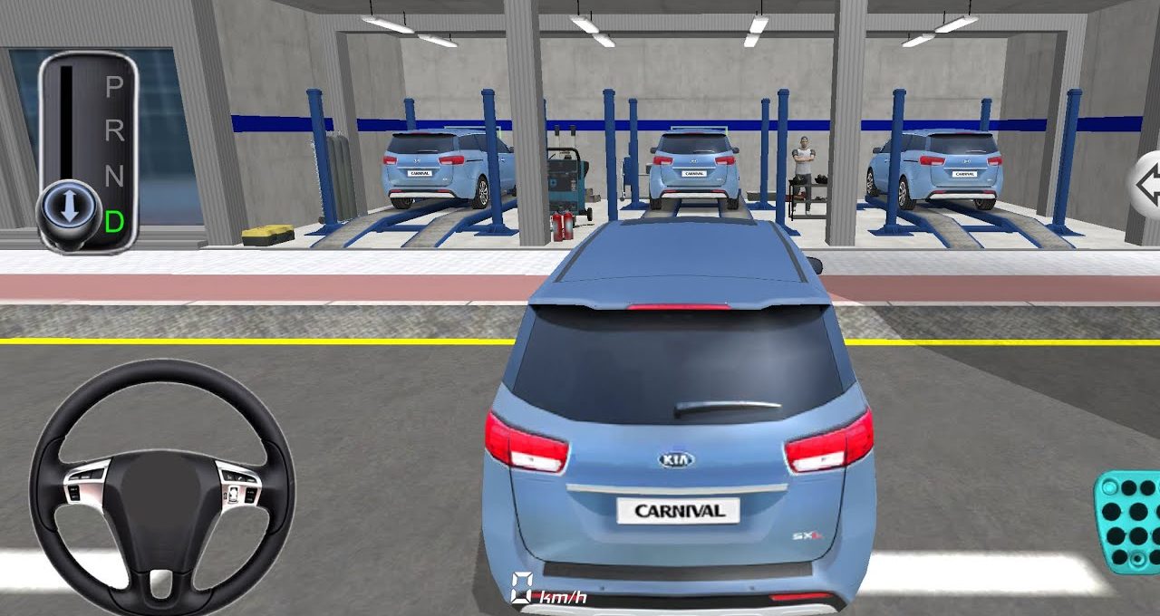 Blue Kia Carnival being parked outside a garage with multiple vehicles on lifts