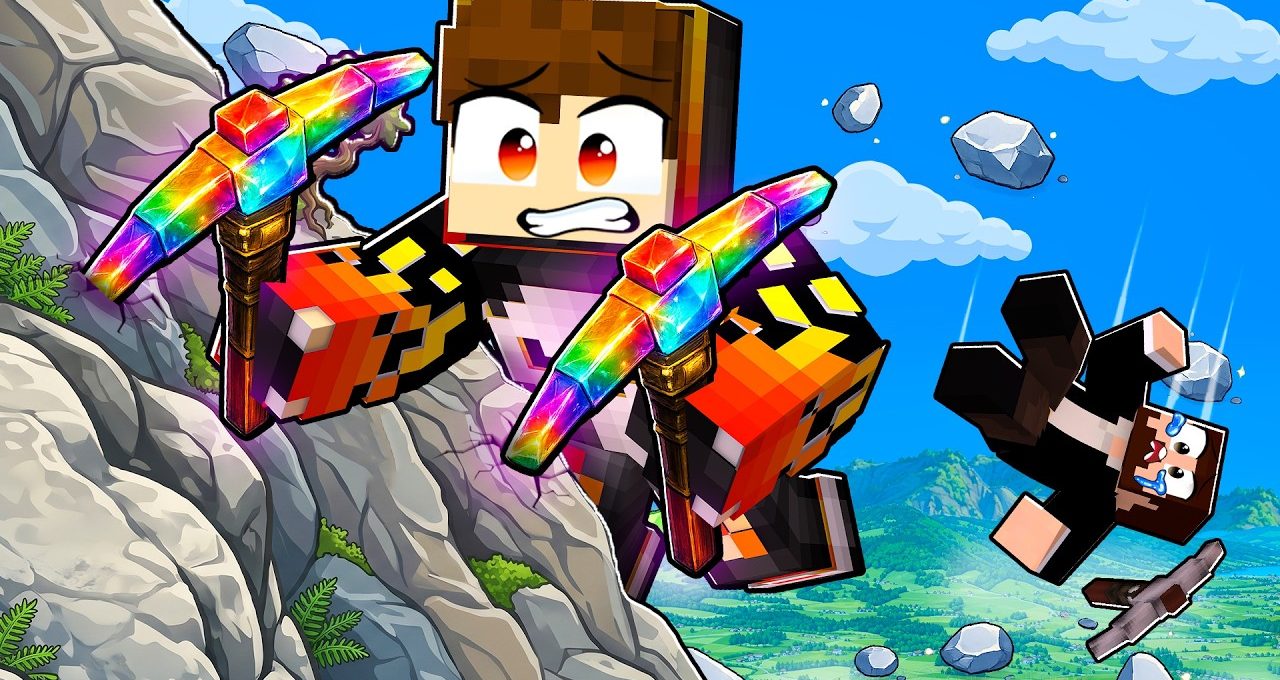 Minecraft-style character clutching rainbow pickaxes while another falls down a cliffside panorama