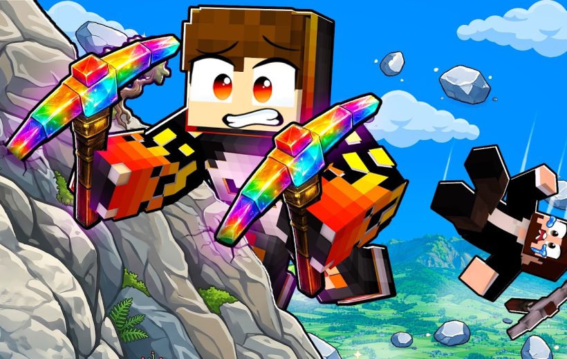 Minecraft-style character clutching rainbow pickaxes while another falls down a cliffside panorama