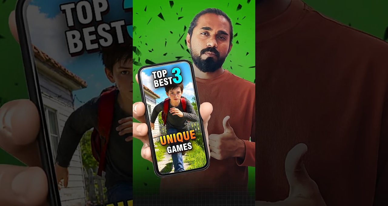 Man holding smartphone showing "Top Best 3 Unique Games" thumbnail with thumbs up