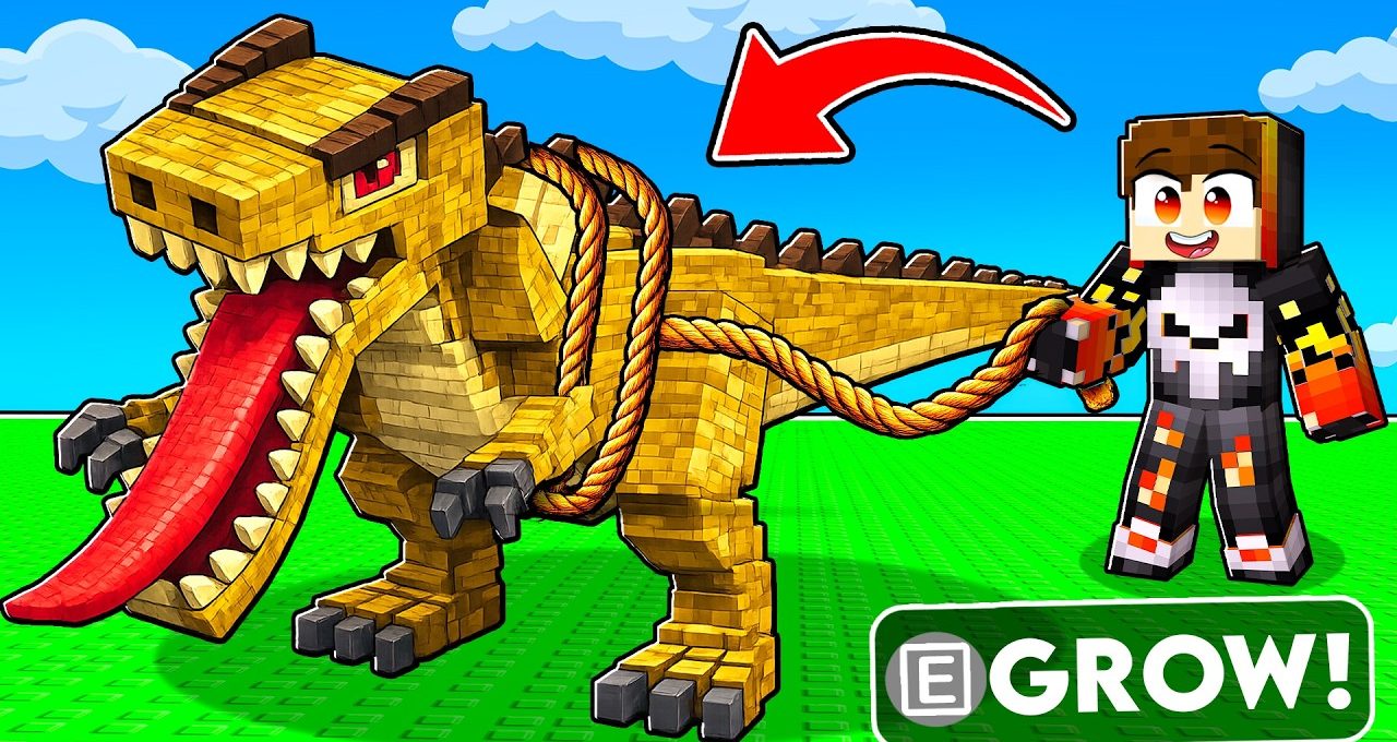Minecraft-style player leading a large blocky yellow dinosaur on a rope leash