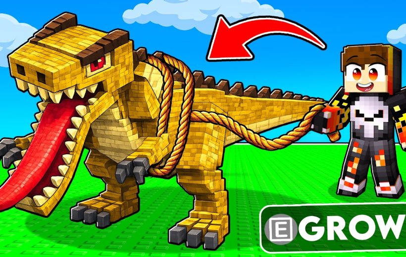 Minecraft-style player leading a large blocky yellow dinosaur on a rope leash