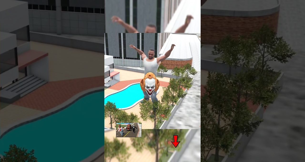 Giant man carrying a clown figure over a poolside courtyard in a cityscape