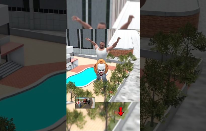 Giant man carrying a clown figure over a poolside courtyard in a cityscape