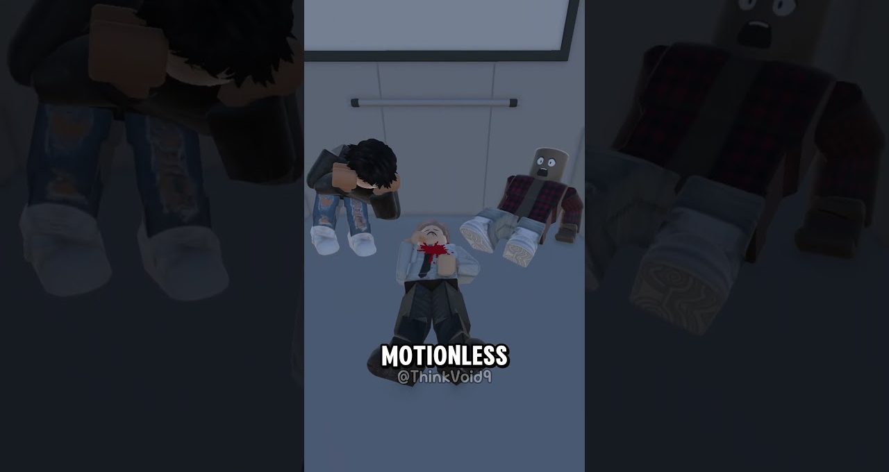 Three blocky characters lying on a floor in a dim room, one appearing injured with blood