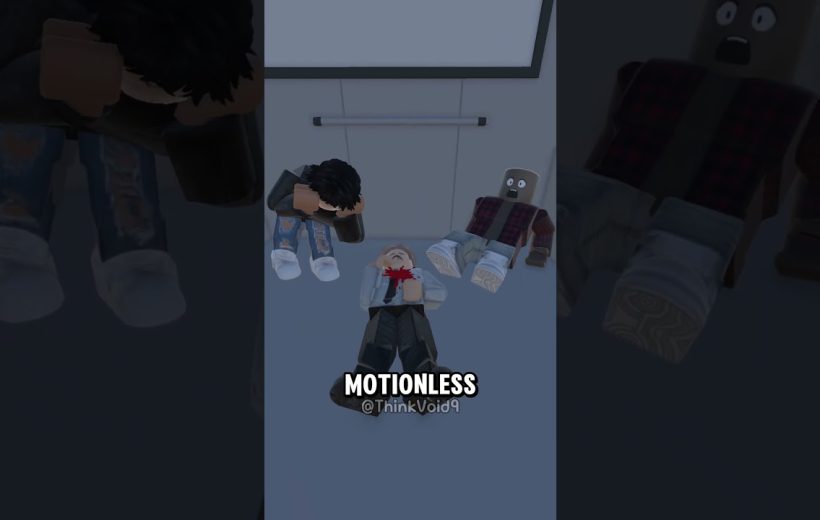 Three blocky characters lying on a floor in a dim room, one appearing injured with blood
