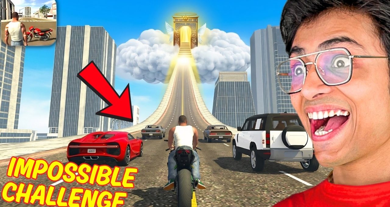 Gamer reacting to a stunt race scene with motorcycle and cars climbing a cloud ramp