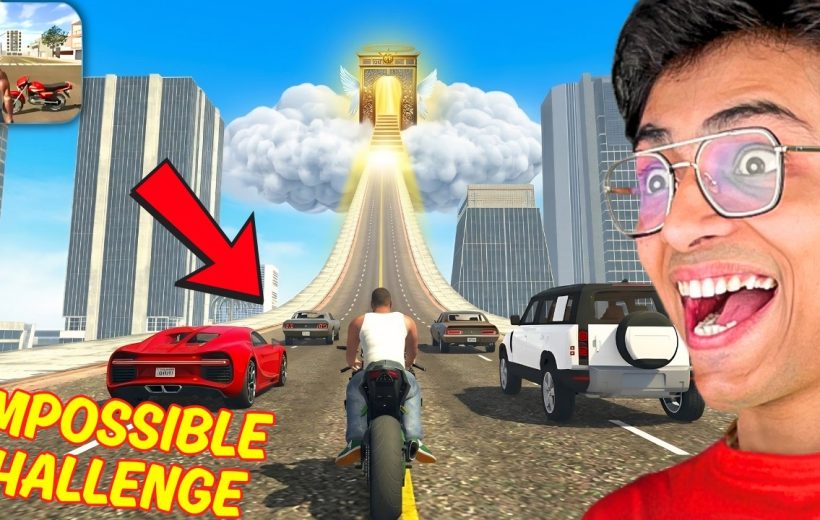 Gamer reacting to a stunt race scene with motorcycle and cars climbing a cloud ramp