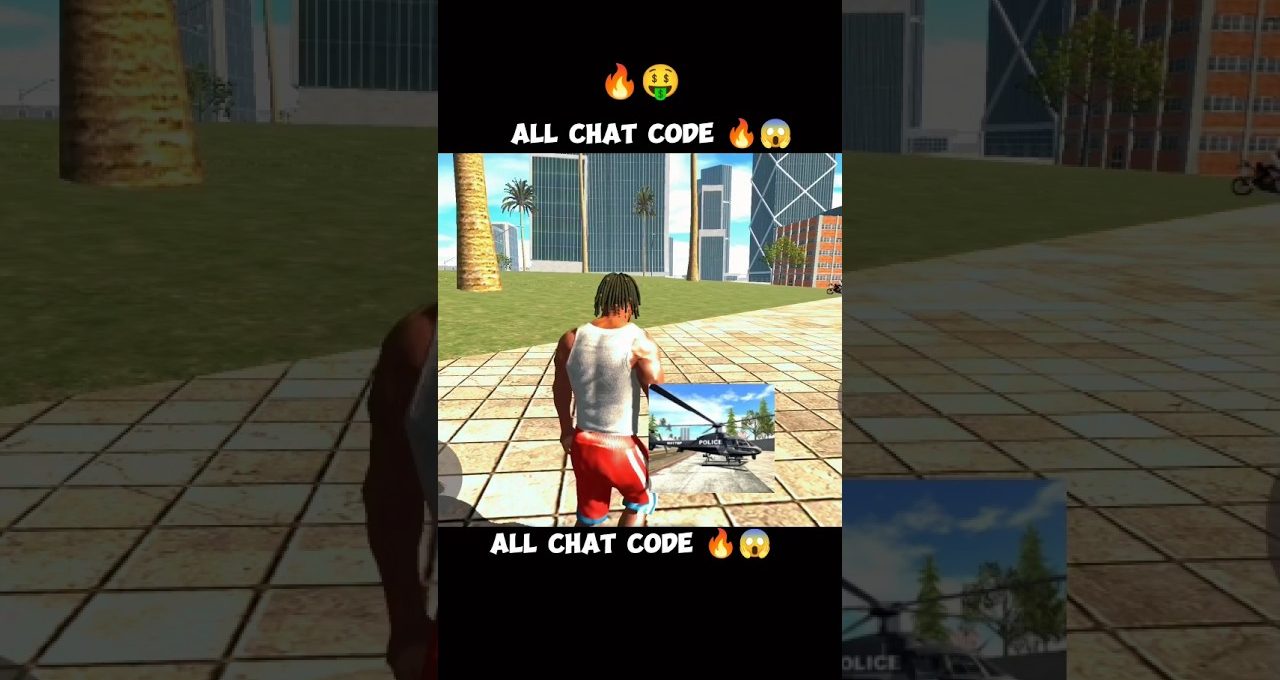 Third-person game character walking on tiled plaza toward city skyscrapers, inset helicopter image.