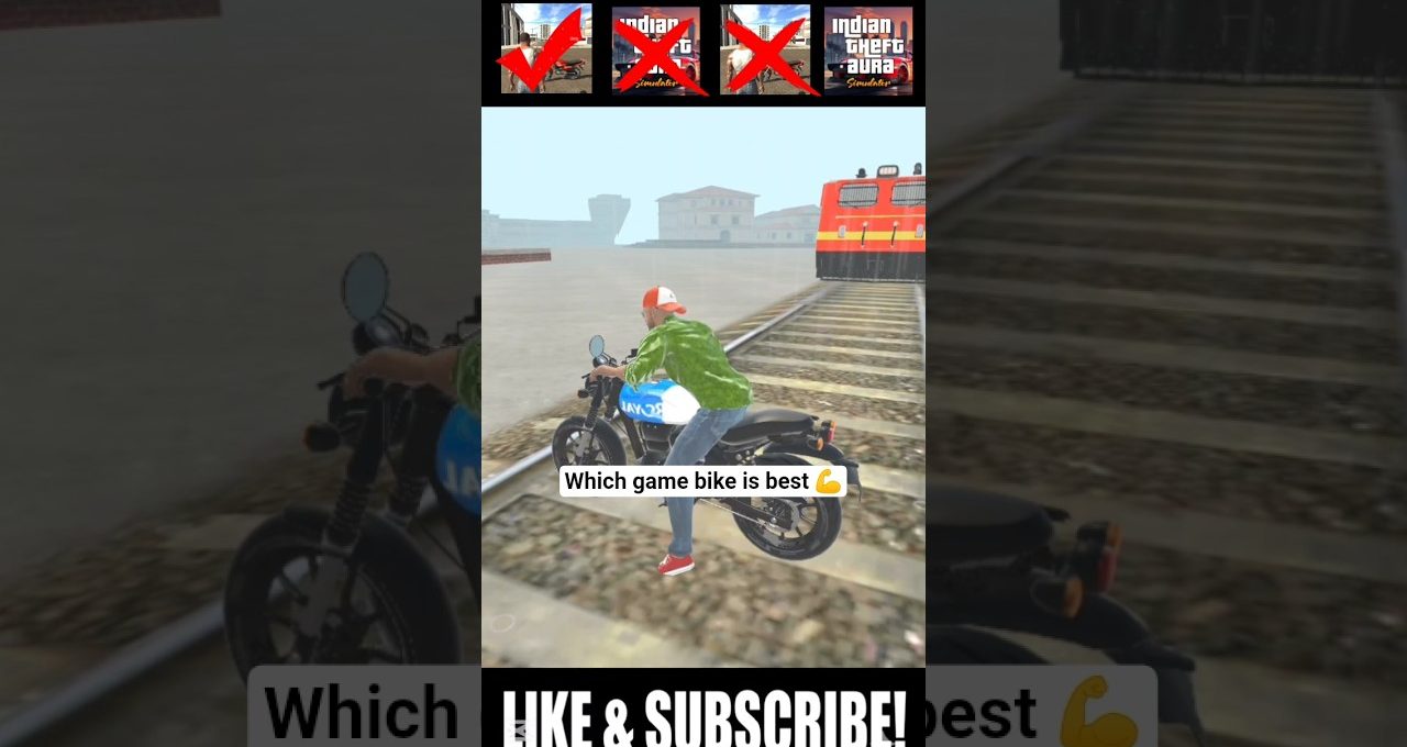 Gamer character riding a motorcycle on train tracks beside an approaching red locomotive