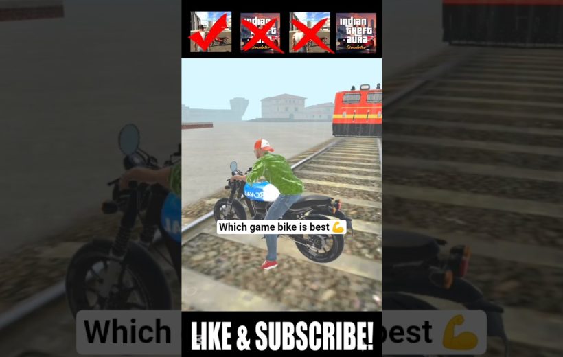 Gamer character riding a motorcycle on train tracks beside an approaching red locomotive