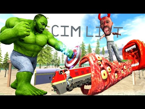 Green Hulk-like giant battling a masked man atop a tentacled red creature with train.