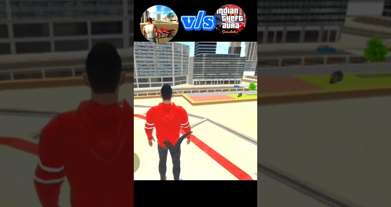 Third-person game character in red hoodie standing on rooftop overlooking cityscape skyscrapers.