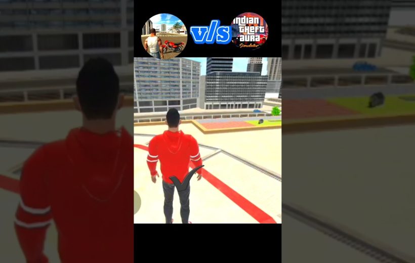Third-person game character in red hoodie standing on rooftop overlooking cityscape skyscrapers.