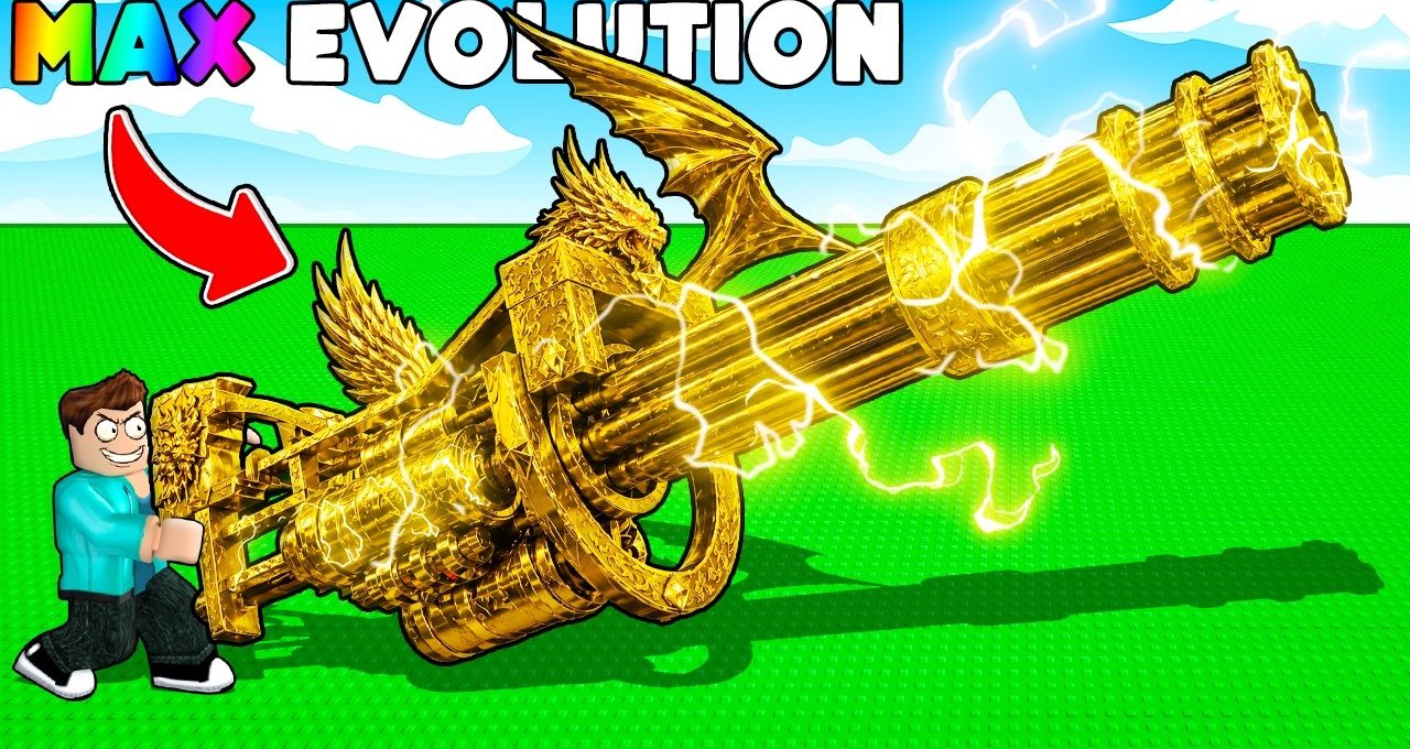 Roblox character wielding a glowing ornate golden gatling gun with dragon decoration
