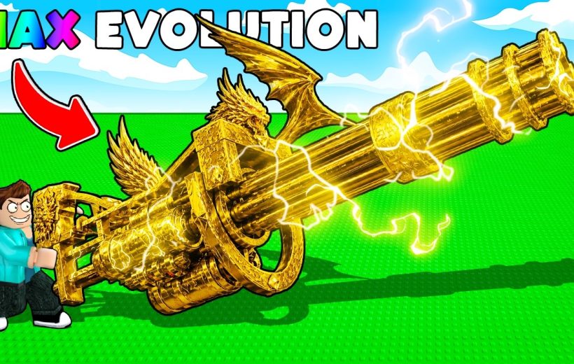 Roblox character wielding a glowing ornate golden gatling gun with dragon decoration