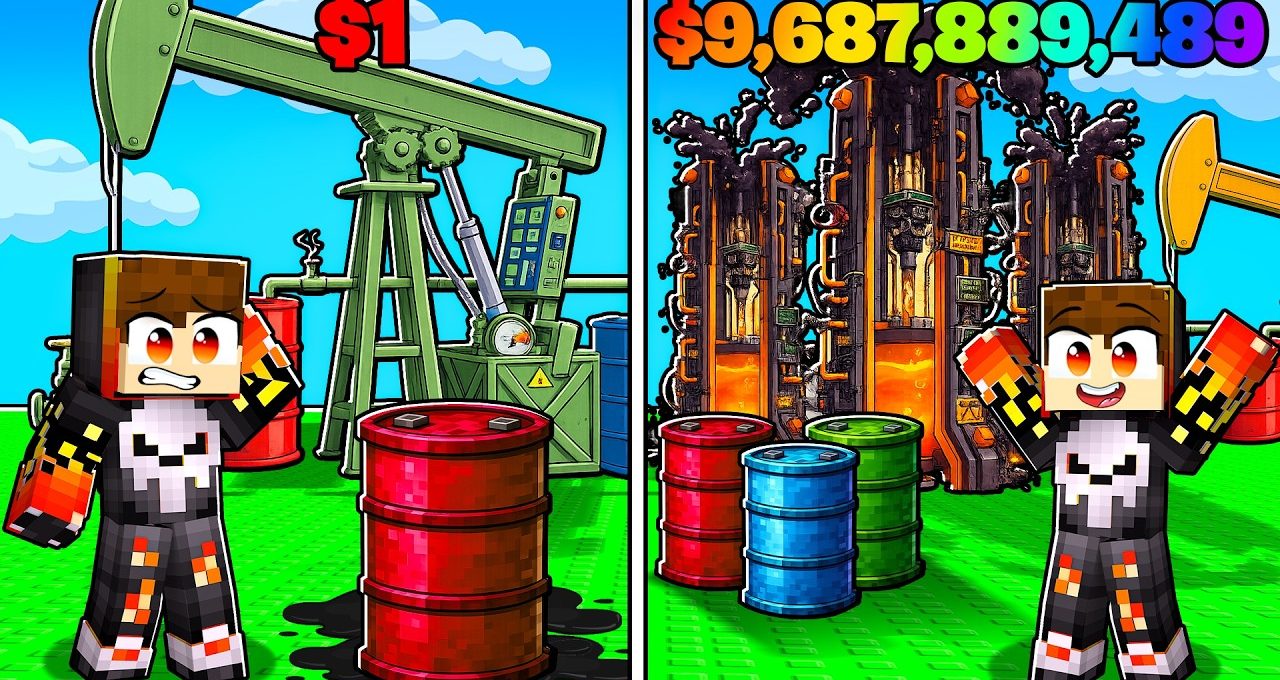 Minecraft character next to oil rigs and barrels showing cheap versus expensive oil setup