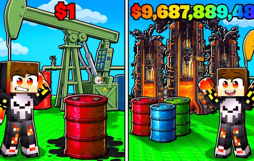 Minecraft character next to oil rigs and barrels showing cheap versus expensive oil setup